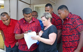 Fijian seasonal workers with Sascha Piggot from Australia's Pacific Labour Facility.
