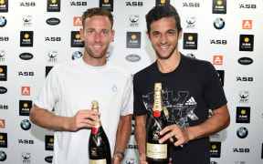 Michael Venus (L) and Mate Pavic after winning the ASB Classic doubles final, Auckland, Saturday 16 January 2016. Copyright Photo: Andrew Cornaga / www.photosport.nz