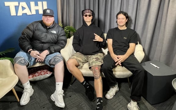 So'omālō Iteni Schwalger, sitting with Brandn Shiraz and Bryce Tobin, in TAHI Studio for interview.