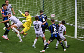 Louis Verstraete of Auckland FC scores a goal against Macarthur FC in the A-League men's football match at Mt Smart Stadium, 1 Feb, 2025.
