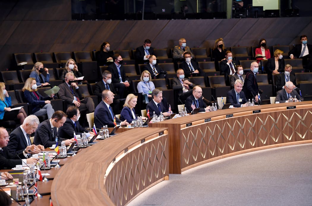 US State Secretary Antony Blinken (C) participates in a meeting of North Atlantic Council (NAC) at the level of Foreign Ministers at the NATO Headquarters in Brussels on 4 March 2022.