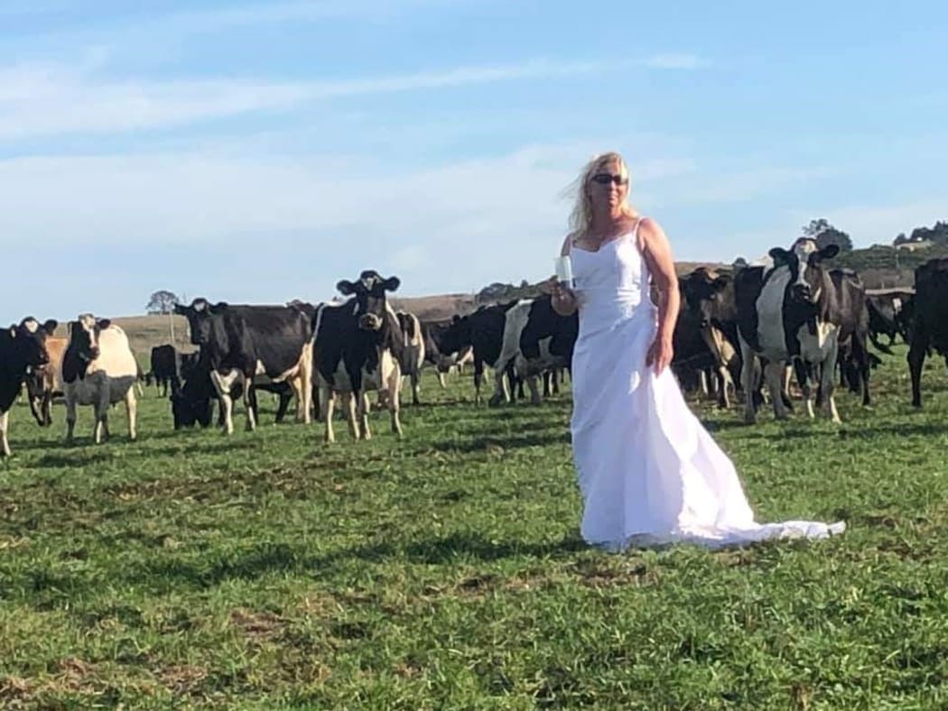 Kate Maisey in her wedding gown with a glass of bourbon and a whole lot of cows