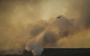 A plane drops water on a forest fire near Ukraine's old Chernobyl nuclear plant.