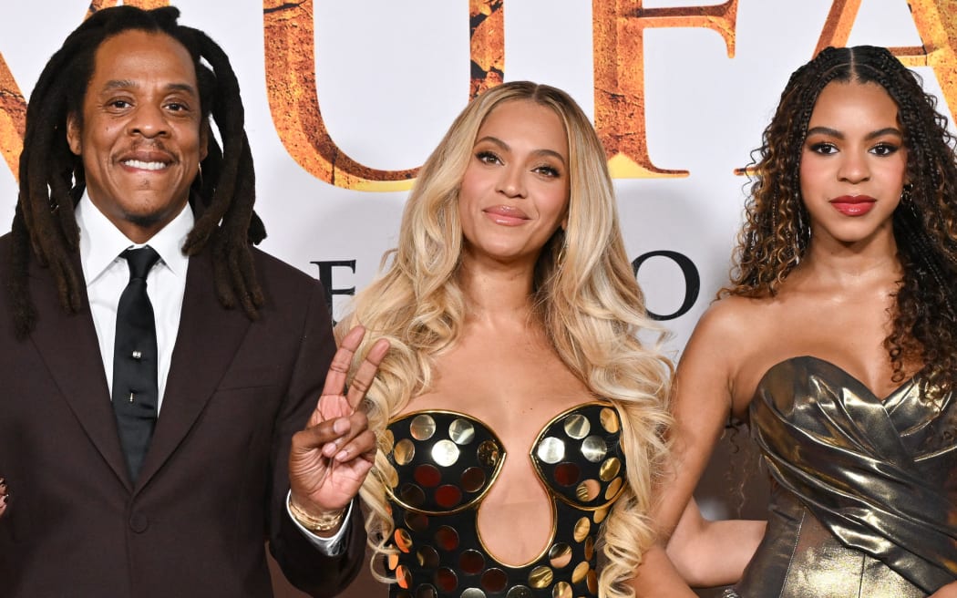 US rapper Jay-Z, singer-songwriter Beyonce and their daughter Blue Ivy Carter attend the world premiere of Disney's "Mufasa: The Lion King" at the Dolby theater in Hollywood, California, on 9 December  2024.