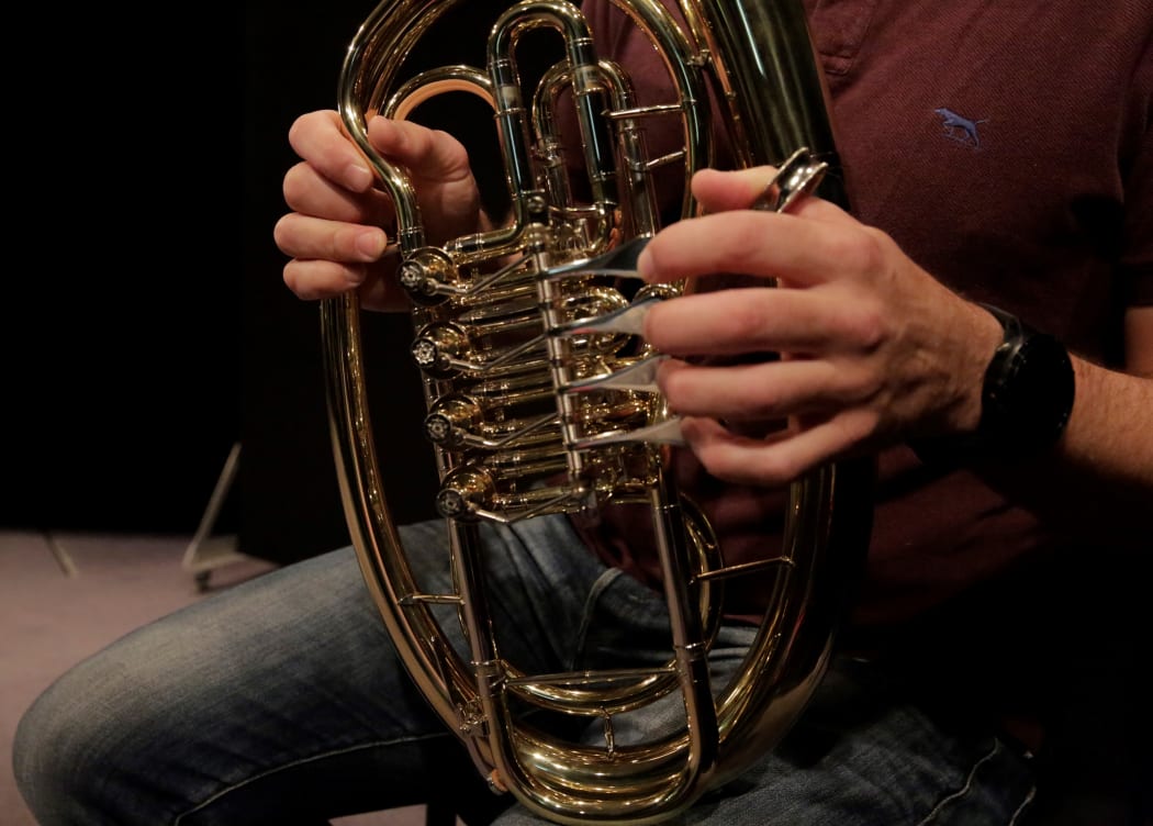 A close up of a Wagner tuba