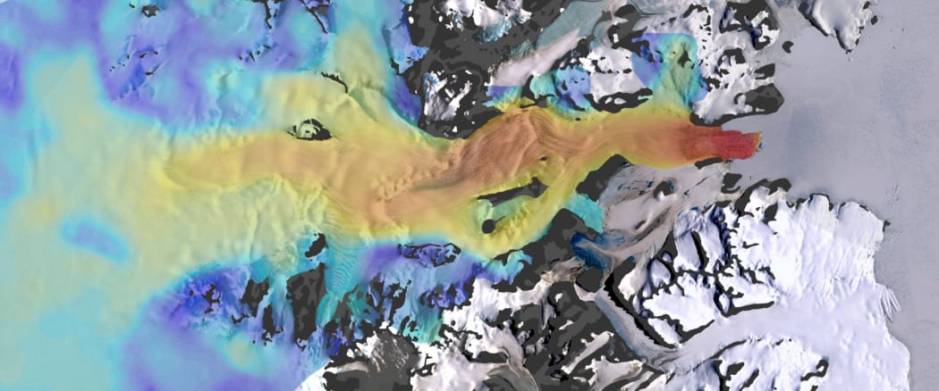 This image shows the speed of ice flow of the Mackay Glacier, which drains the massive East Antarctic Ice Sheet.