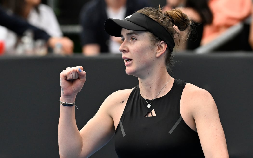 Elina Svitolina of Ukraine reacts during her finals match against Coco Gauff of the USA at the ASB Classic tennis tournament in Auckland.