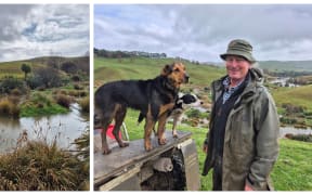 Two picture images, the first of a fam wetland, the other of farmer James Hunter above the wetland with two farm dogs on the back of his quad bike