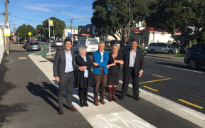 Deputy mayor Justin Lester with resident Jane Byrne, cycling advocate Ron Beernink, Island Bay residents association president Vicki Greco and councillor Paul Eagle in a photo from June 2016.