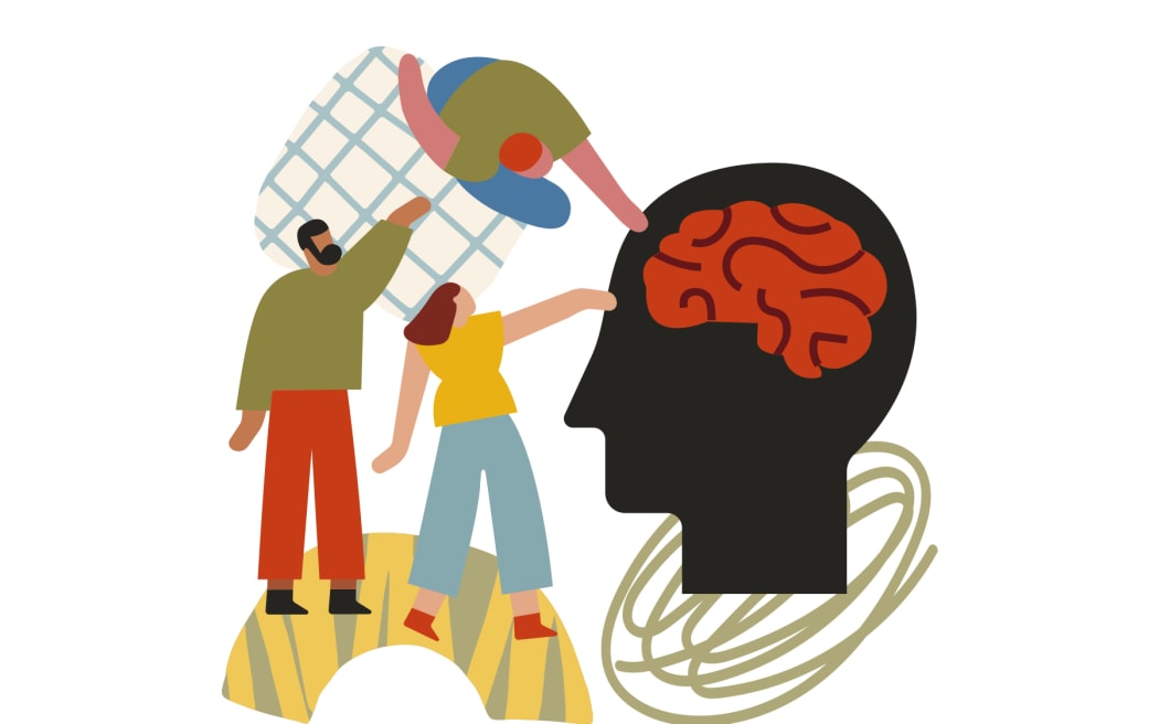 An artwork representing ADHD. Three human figures in bright colours are posed around a large profile of a human head showing the brain. In the background are colourful shapes: a scribble, an arc, and a grid pattern.
