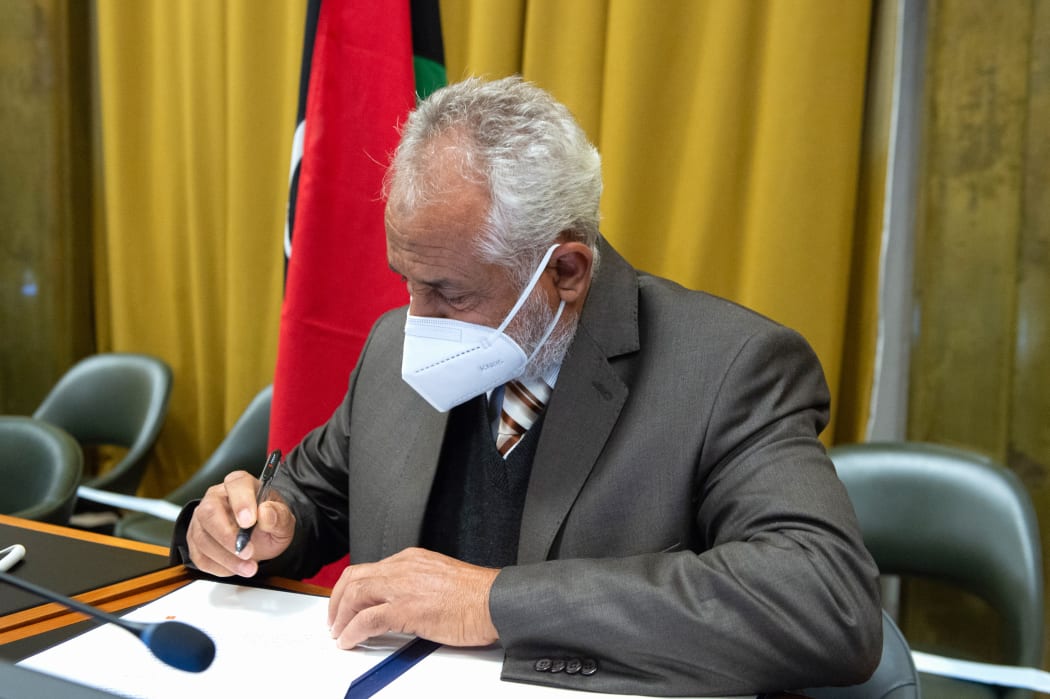 Head of the Government of National Accords military delegation Ahmed Ali Abushahma during a signing ceremony of a Libyan ceasefire agreement, on October 23, 2020.