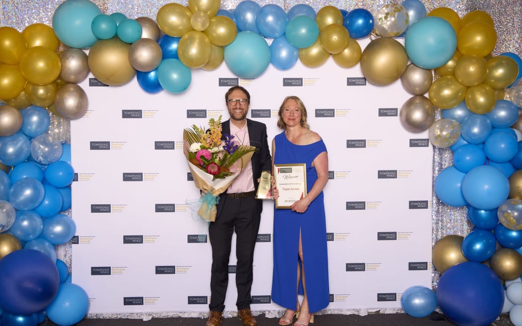 Triple Scoop founder Matt Browning and Scion innovation manager Amanda Davies at the 2024 Rotorua Business Awards. Photo / Michelle Cutelli Photography
