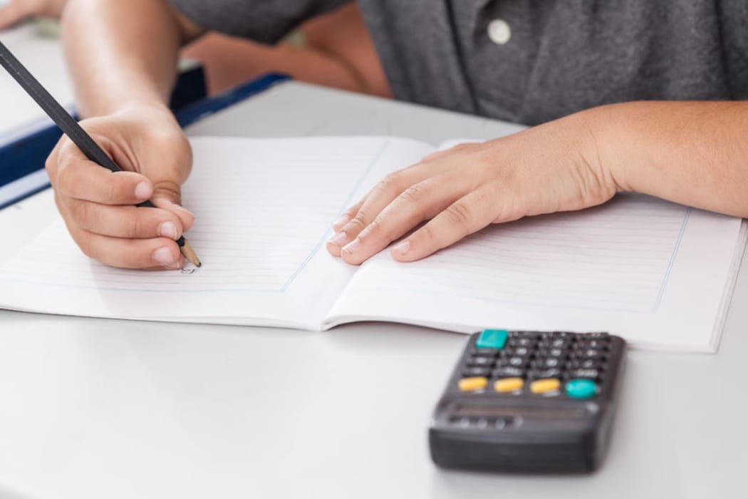 School child with calculator