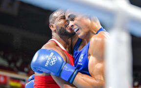 New Zealand boxer David Nyika appears to be bitten by his Moroccan opponent Youness Baalla in his round of 16 men's heavyweight bout at Kokugikan Arena, Tokyo, Japan, Tokyo 2020 Olympic Games. Tuesday 27 July 2021.