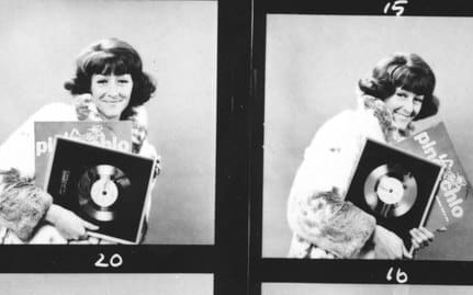 A proof sheet of unused Maria Dallas publicity shots from 1970. Maria is holding the gold disc for her No.1 single Pinocchio.