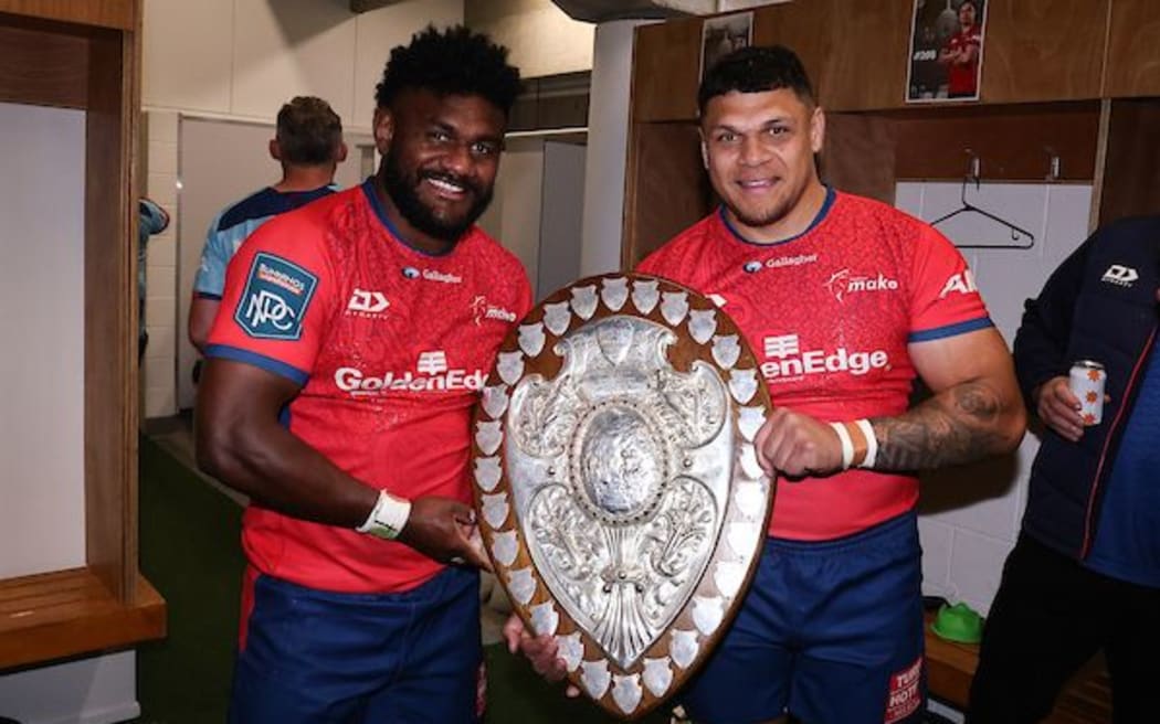 Timoci Tavatavanawai and Levi Aumua, of Tasman, with the Ranfurly Shield after the side beat Hawke's Bay in Napier on 7 September, 2024. Photo/Aaron Gillions/Photosport