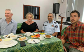 Newsroom co-editor Mark Jennings, investigations editor Melanie Reid and cameraman Hayden Aull at morning tea  with Police Commissioner Sitiveni Qiliho.