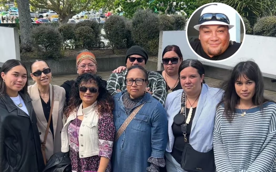 Paula Beilby (fourth from left) pictured with her whānau outside the High Court at Hamilton after the sentencing of one of the gang members who killed her brother, Mitchell Te Kani (inset).