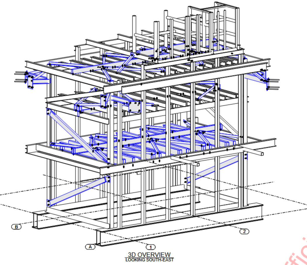 A graphic shows the intricacy of the earthquake strengthening work of the Carillon's upper bell frame.