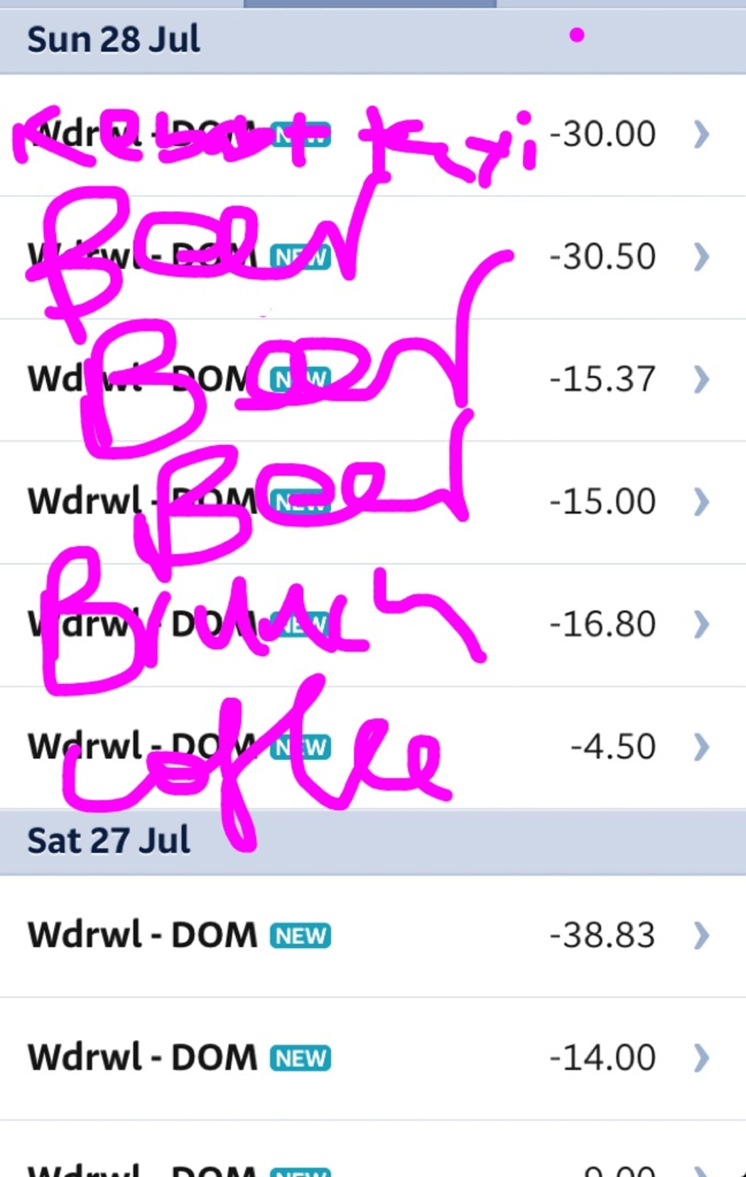 An iphone screenshot with "beer" and "pizza" scrawled over a bank statement
