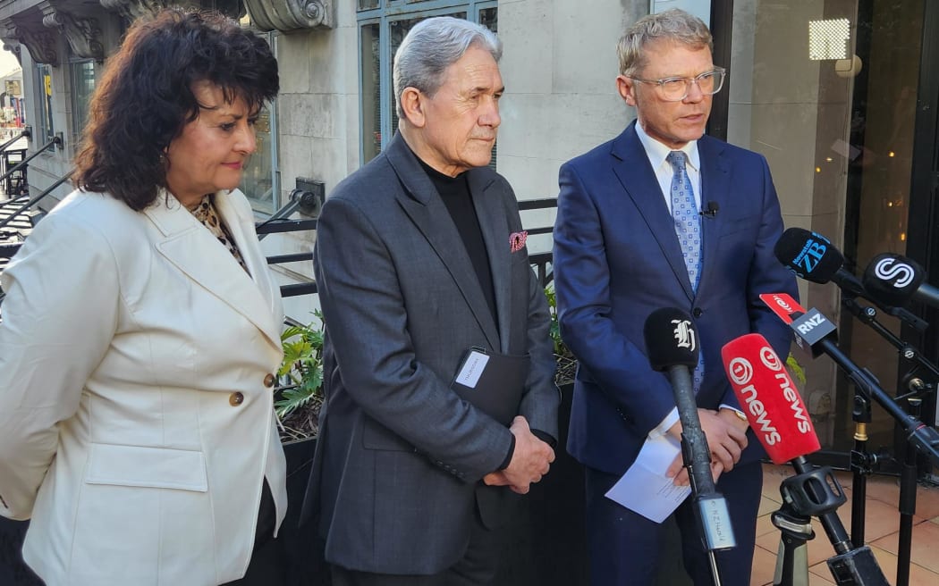 Justice minister Paul Goldsmith, NZ First's Winston Peters and Casey Costello announces tougher penalities for coward punches.