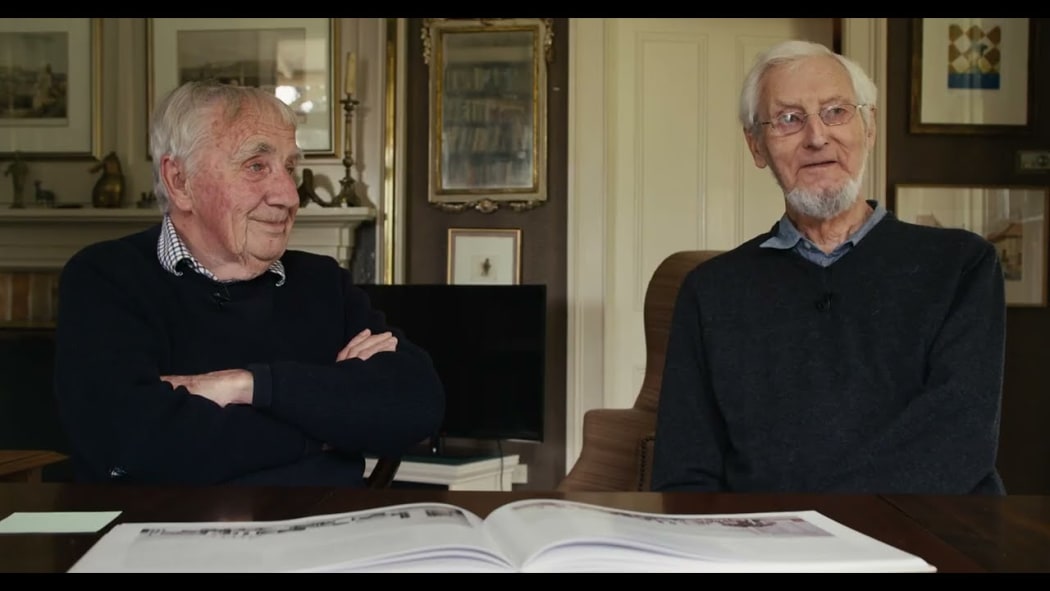 Still from the documentary film Maurice and I showing architects Sir Miles Warren and Maurice Mahoney from Warren and Mahoney