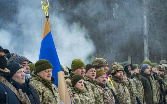 Volunteers of the 112th Territorial Defense Brigade of Kiev in a military training in the outskirts of the city.