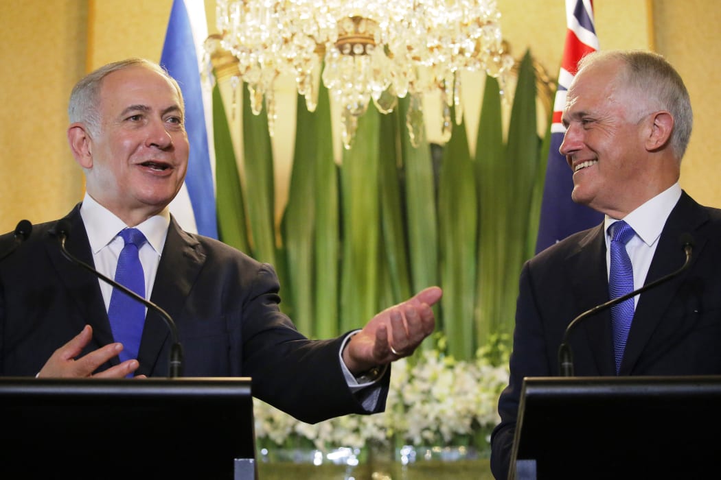 Israel's Prime Minister Benjamin Netanyahu, left. speaks as his Australian counterpart Malcolm Turnbull listens during their joint news conference at Kirribilli House in Sydney on 22 February, 2017.
