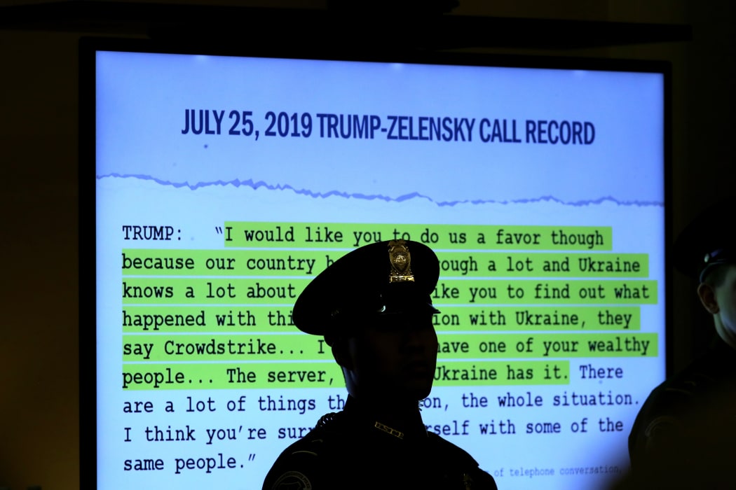 A transcript of a phone call between US President Donald Trump and Ukrainian President Volodymyr Zelensky is displayed at the House Intelligence Committee on November 19, 2019 in Washington, DC.