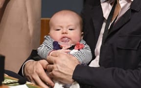 Jacinda Ardern looks on at her daughter Neve Te Aroha Ardern Gayford at the United Nations in New York in 2018.