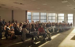 A meeting of Wellington people on the Mt Crawford Mātai Moana housing development, Ākau Tangi Sports Centre, 23 March 2023.