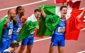 Italy win the mens 4 x 100m final. Team of Lorenzo Patta, Eseosa Desalu, Marcell Jacobs and Filippo Tortu  Olympic Stadium, Tokyo, , Tokyo 2020 Olympic Games. Athletics Finals Friday 6 August 2021. Mandatory credit Â© Steve McArthur / www.photosport.nz