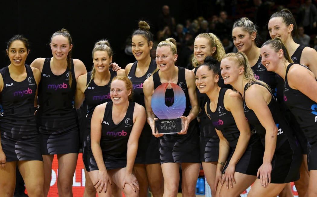 Captain Katrina Grant and team mates with the Quad series trophy.