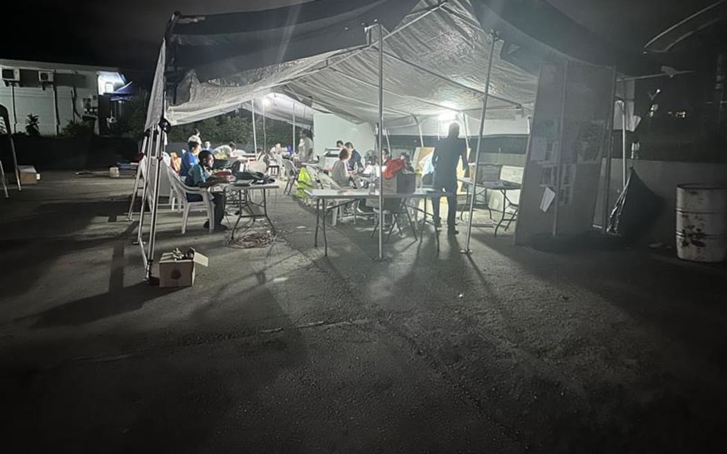 Tents set up in the carpark of the Vanuatu National Disaster Management office to house the numerous bi-lateral, multi-lateral and non-government agencies providing support to the earthquake response in Port Vila.