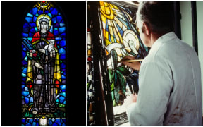 A stained-glass window in St Lukes Church in Hawkes Bay (left) Ray Miller at work (right)
