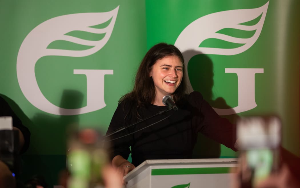 Green Party of Aotearoa MP Chloe Swarbrick speaks to the crowd at party HQ after securing the Auckland Central electorate in the 2023 election.