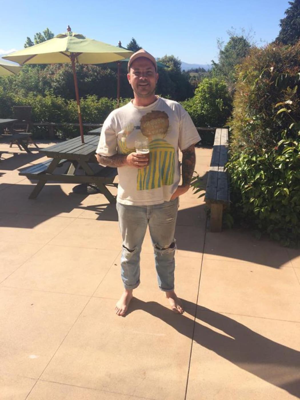 Tour driver Josh Jugum with no shoes.