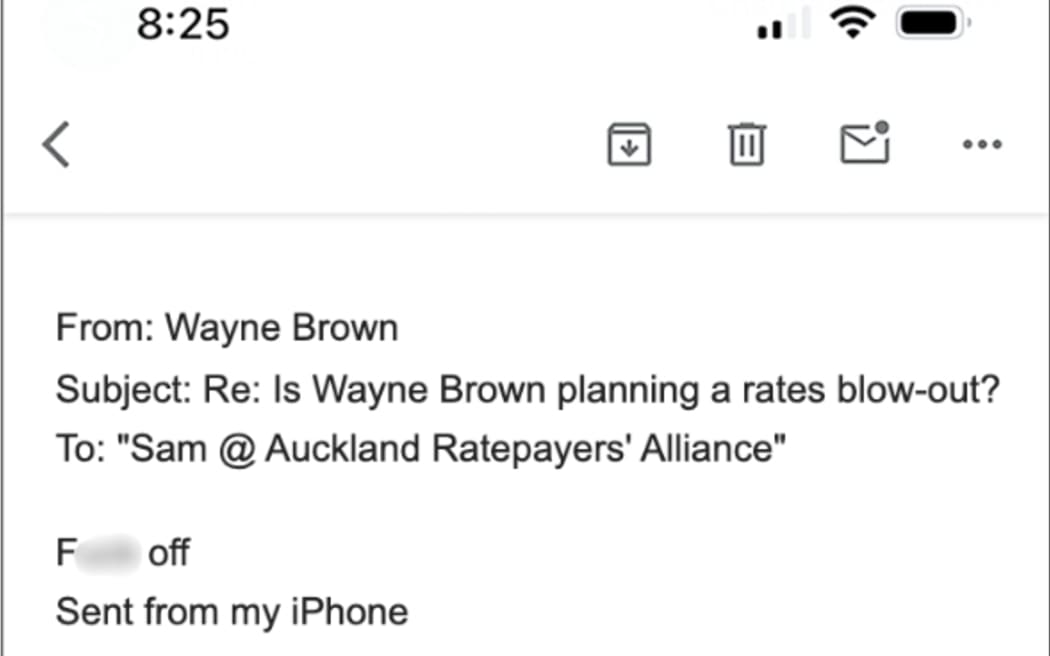 An email screenshot shows the Auckland mayor said "f*** off" in reply to an email from the the Auckland Ratepayers' Alliance.