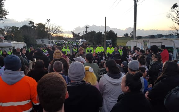 Protesters and police at Ihumatao.
