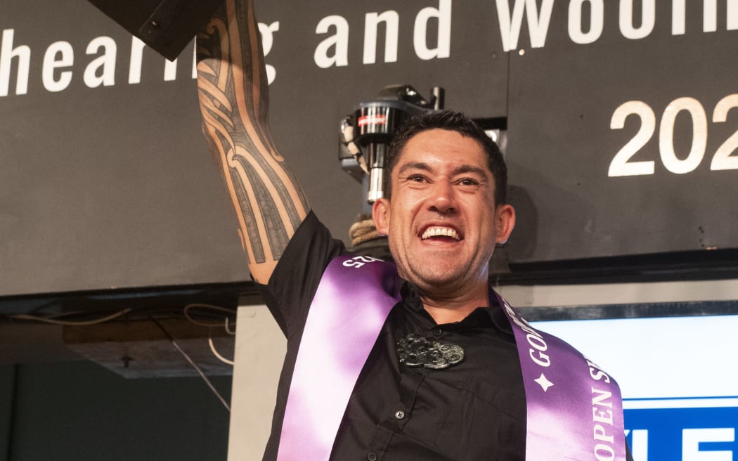 Toa Henderson in his moment of glory in winning the Golden Shears open shearing title in Masterton on Saturday night
