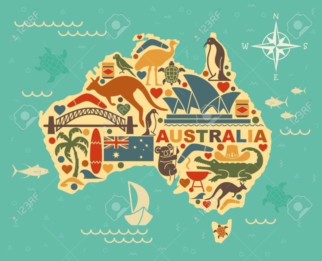 Traditional symbols of Australian culture and nature in the form of maps