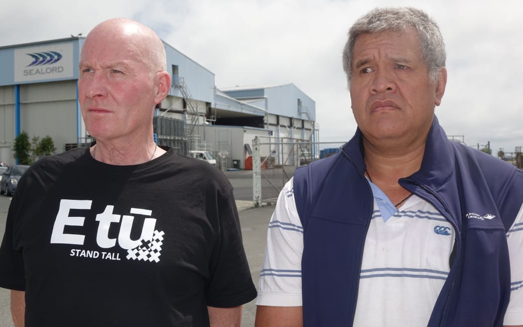 Union coordinator Chas Muir, left, and Sealord worker Victor Norman at the Sealord factory at Port Nelson.