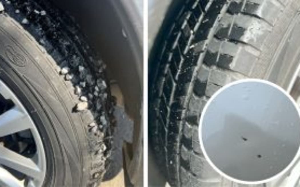 The driver of this car said her tyres were so coated in debris it kept flying off for several kilometres (left). Right: Two days later the tyres were still coated in tar despite a lot of driving and a car wash. Inset: The bonnet has multiple paint chips from flying stones.
