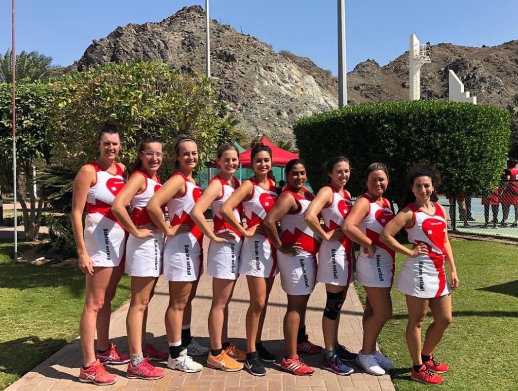 The 2019 Bahrain netball team, with captain Kelly Hutton far left.
