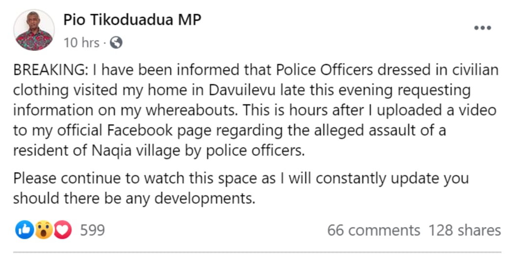 The president of Fiji's National Federation Party, Pio Tikoduadua, describes officers showing up to his home in the early hours of Tuesday morning.