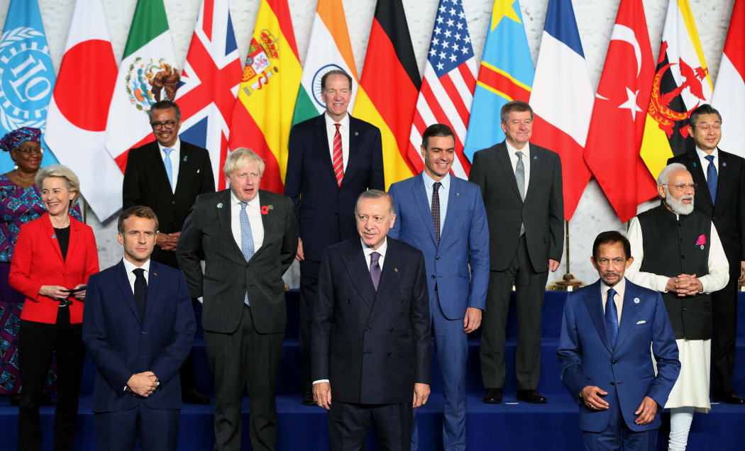 ROME, ITALY - OCTOBER 30: Turkish President Recep Tayyip Erdogan (C) and other participants pose for a family photograph within the G20 Leaders' Summit at Roma Convention Center La Nuvola in Rome, Italy on October 30, 2021.