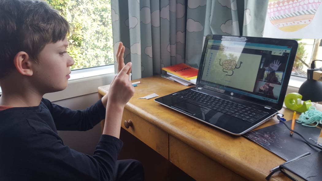 Oskar Graham-Smith connects up with his class from Rawhiti School in Christchurch this morning for learning at home during the Covid-19 lockdown.