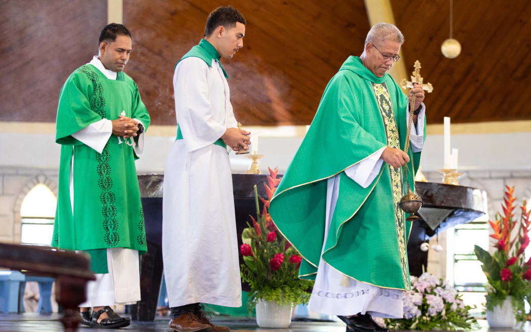 Monsignor Vicar Lutoviko at St Mary's Cathedral for the anniversary of the eruption and tsunami in Tonga