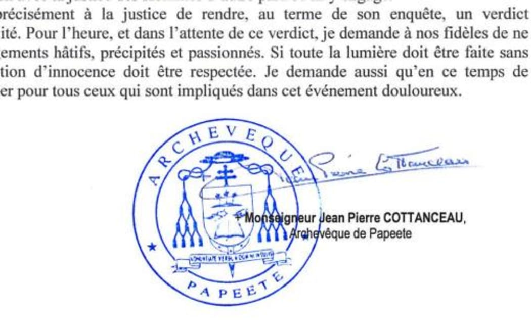 Statement by the archbishop of Papeete Jean-Pierre Cottanceau