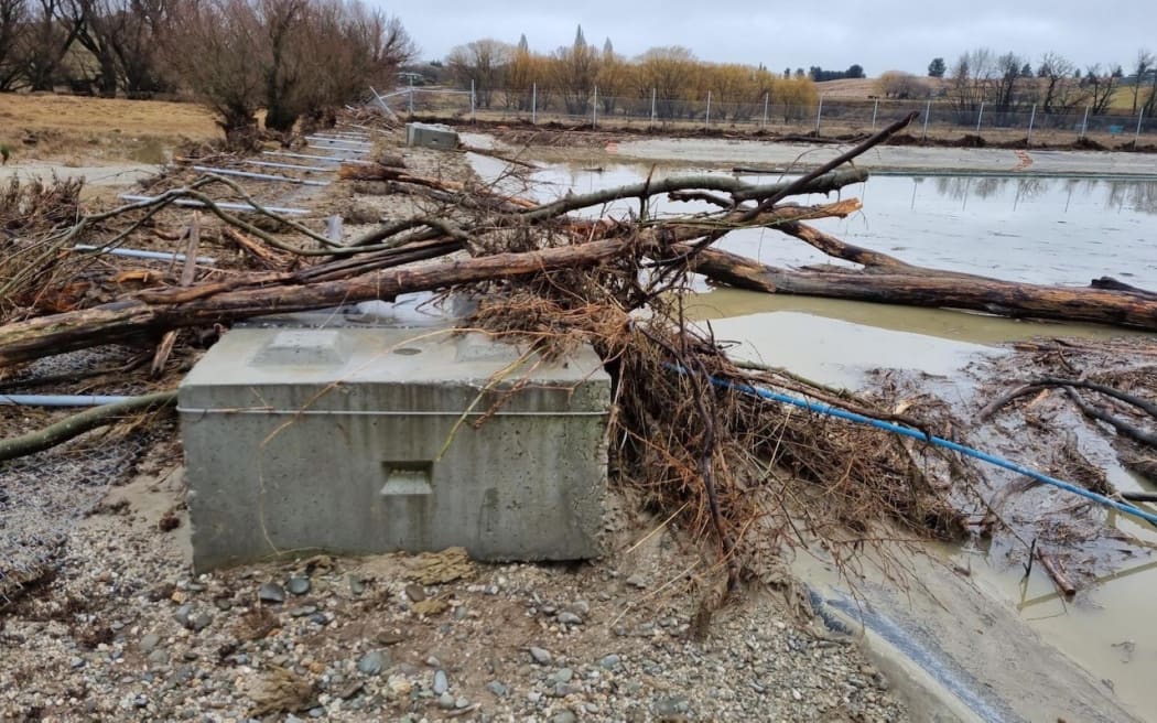 Alternative view of the damage to the Ōmakau Wastewater Treatment Plant.
